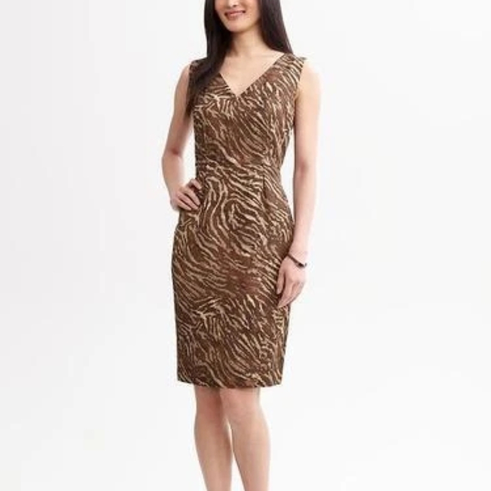 Banana Republic Womens Brown Zebra V-neck Sheath Dress Linen Blend Sz 6